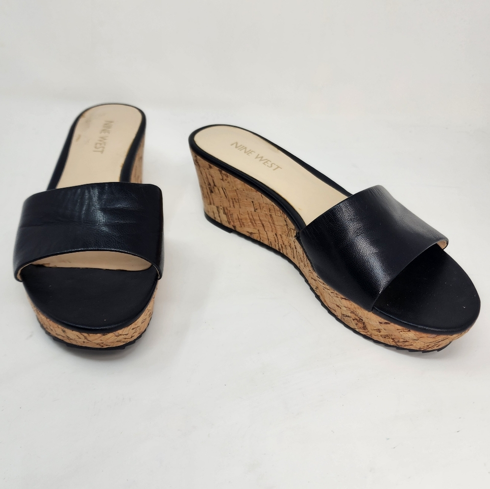Nine West Confettyo Wedge Sandal Black Leather Womens 6